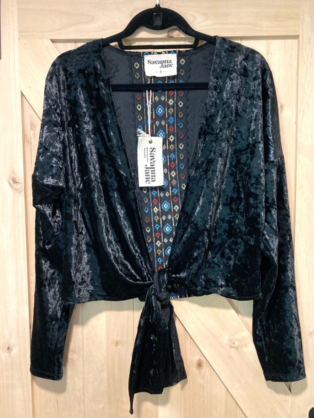 Savanna Jane Black Velvet Embroidered Open Front Cardigan Jacket S Boho Western